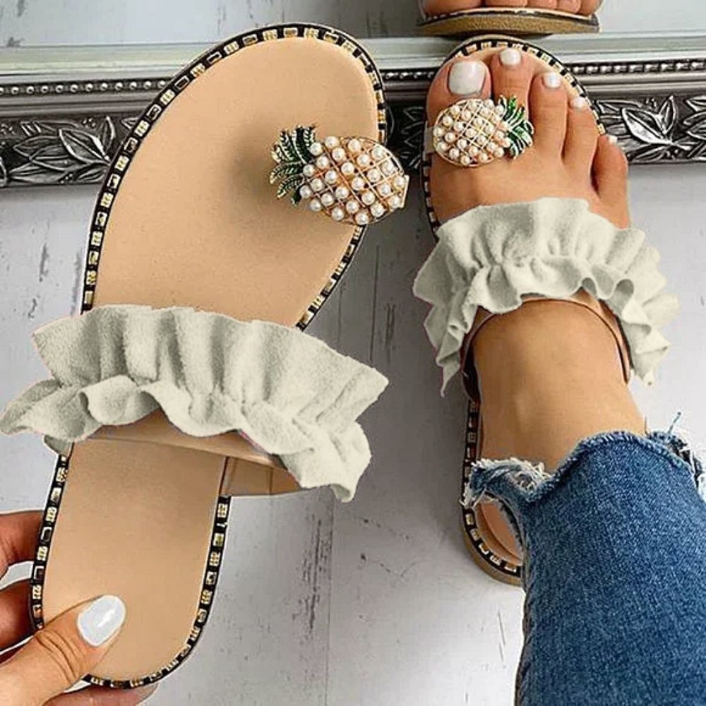 Pineapple Pearl Flat Slide Toe-Ring Sandal in Beige